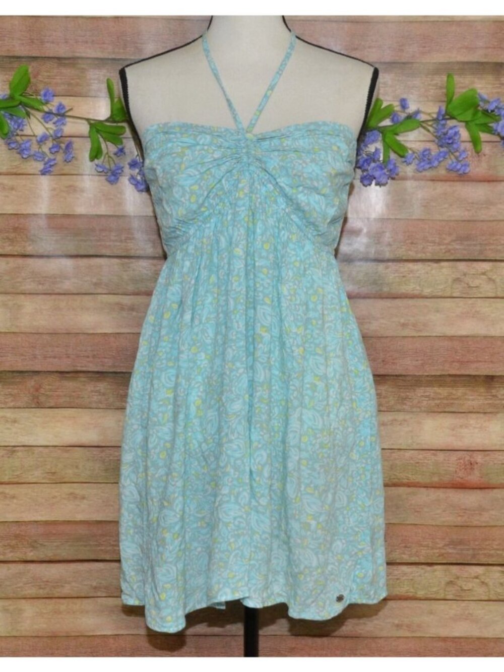 Roxy Happy Hour Halter Neck Floral Mini Babydoll Dress Size L Resort Beach Vacay